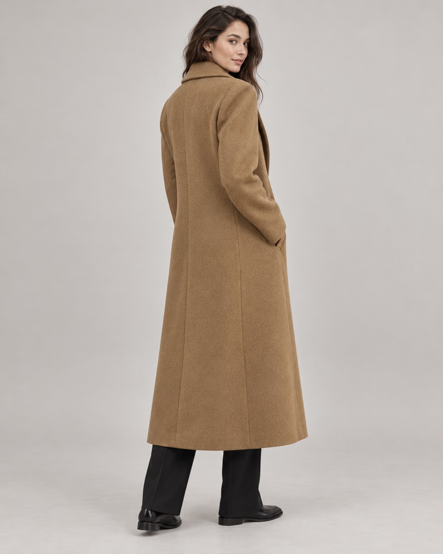 Model wearing the camel overcoat, back three-quarter view