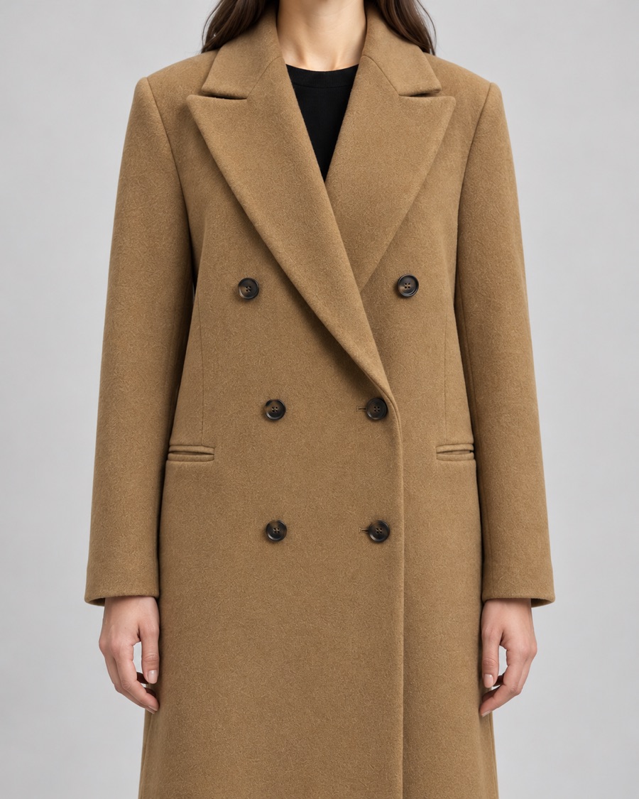 Close-up of the overcoat lapel, wool texture and buttons