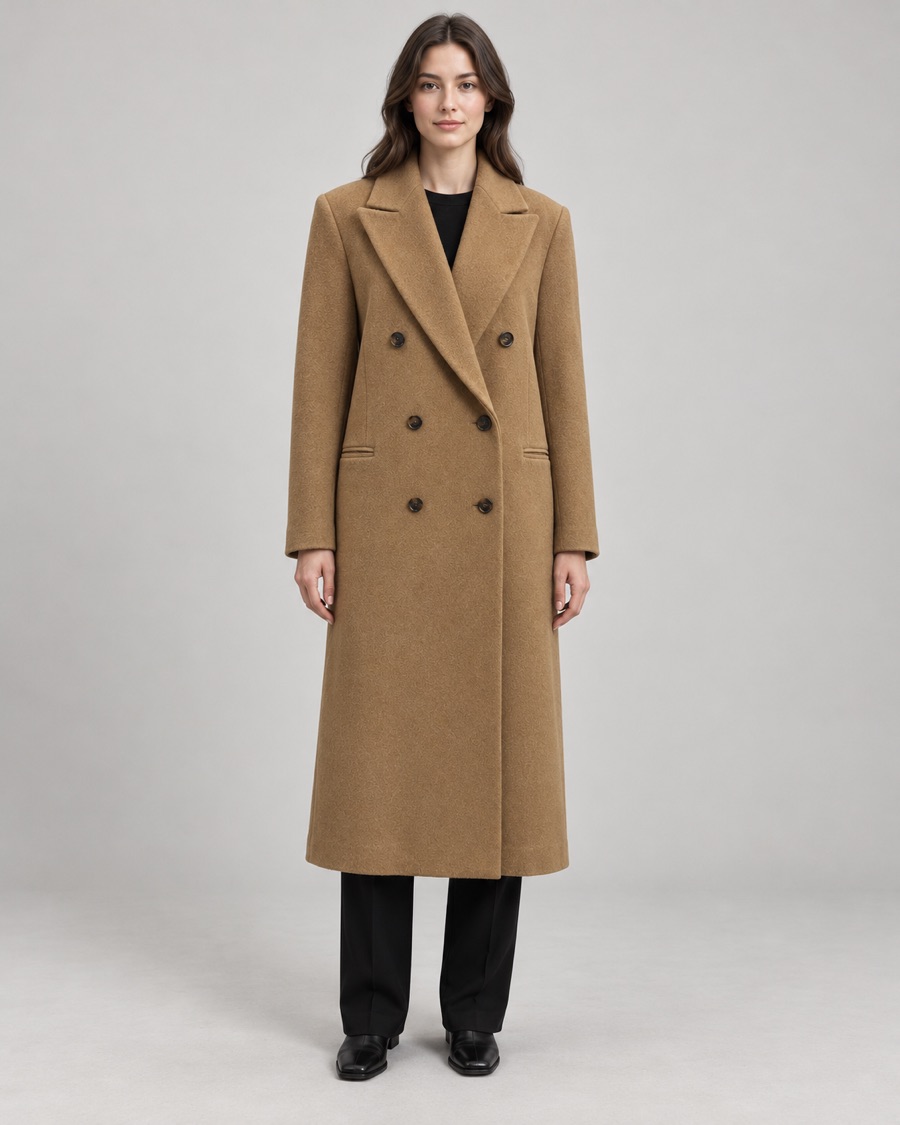 Model wearing the camel overcoat, front view